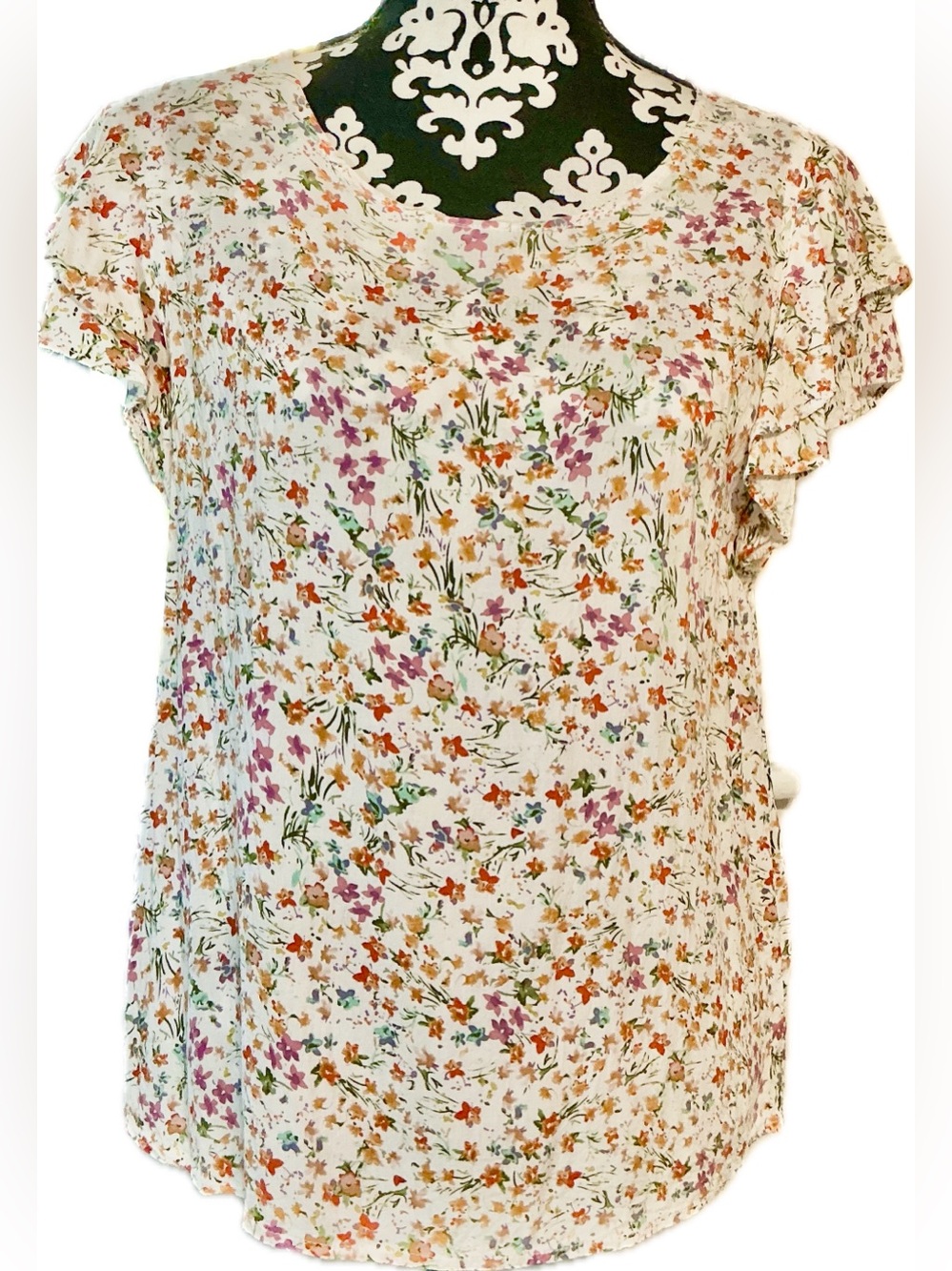 Cynthia Rowley Flutter Ruffle Short Sleeve Cream Floral Top Multicolor Medium